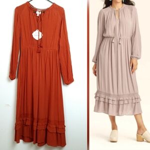 Knox Rose Crinkle Rayon Midi Dress XS Sizing Cinnamon Brown Ruffle Long Sleeves